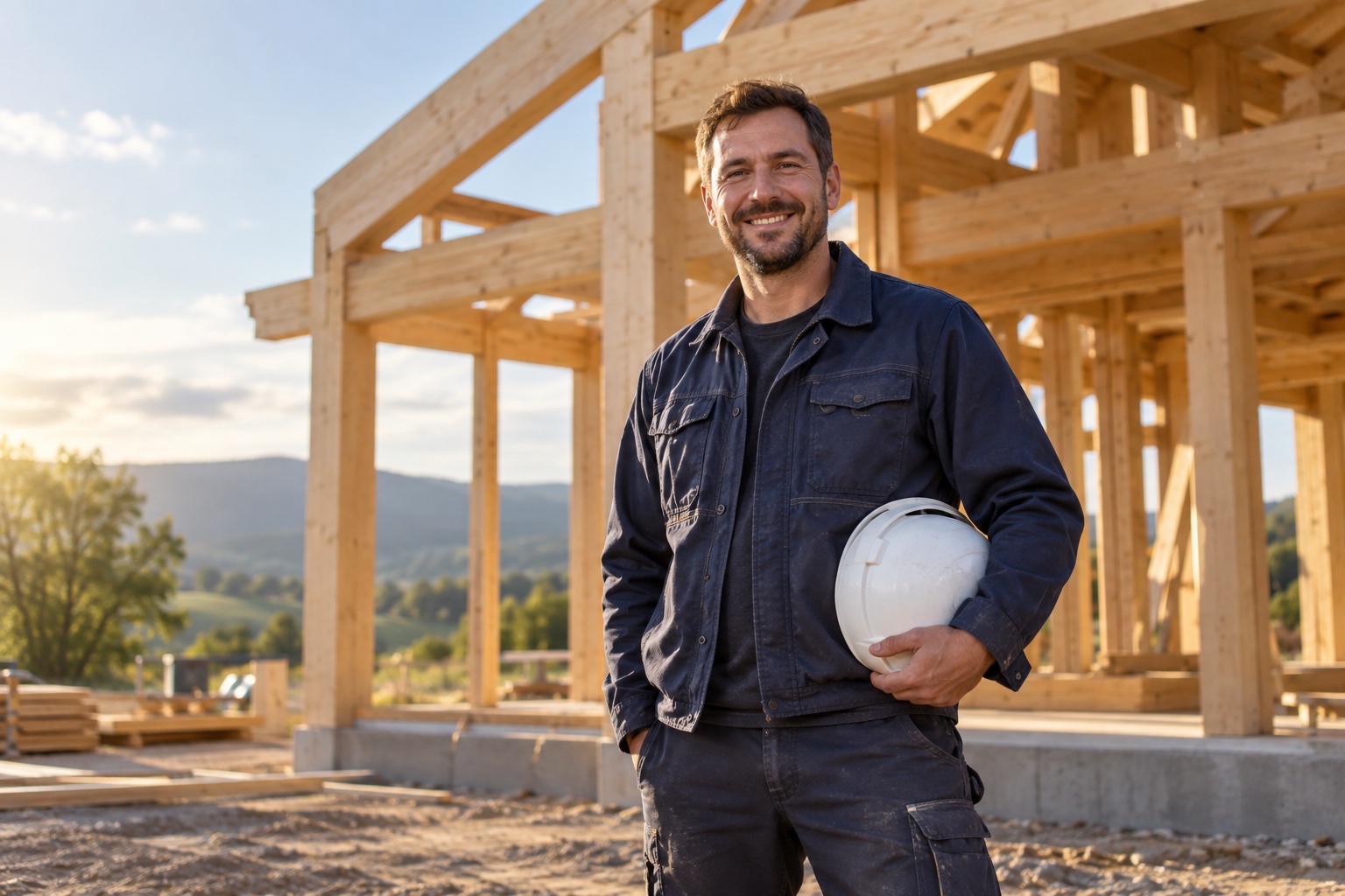 Artisan souriant et serein devant un chantier de construction en bois